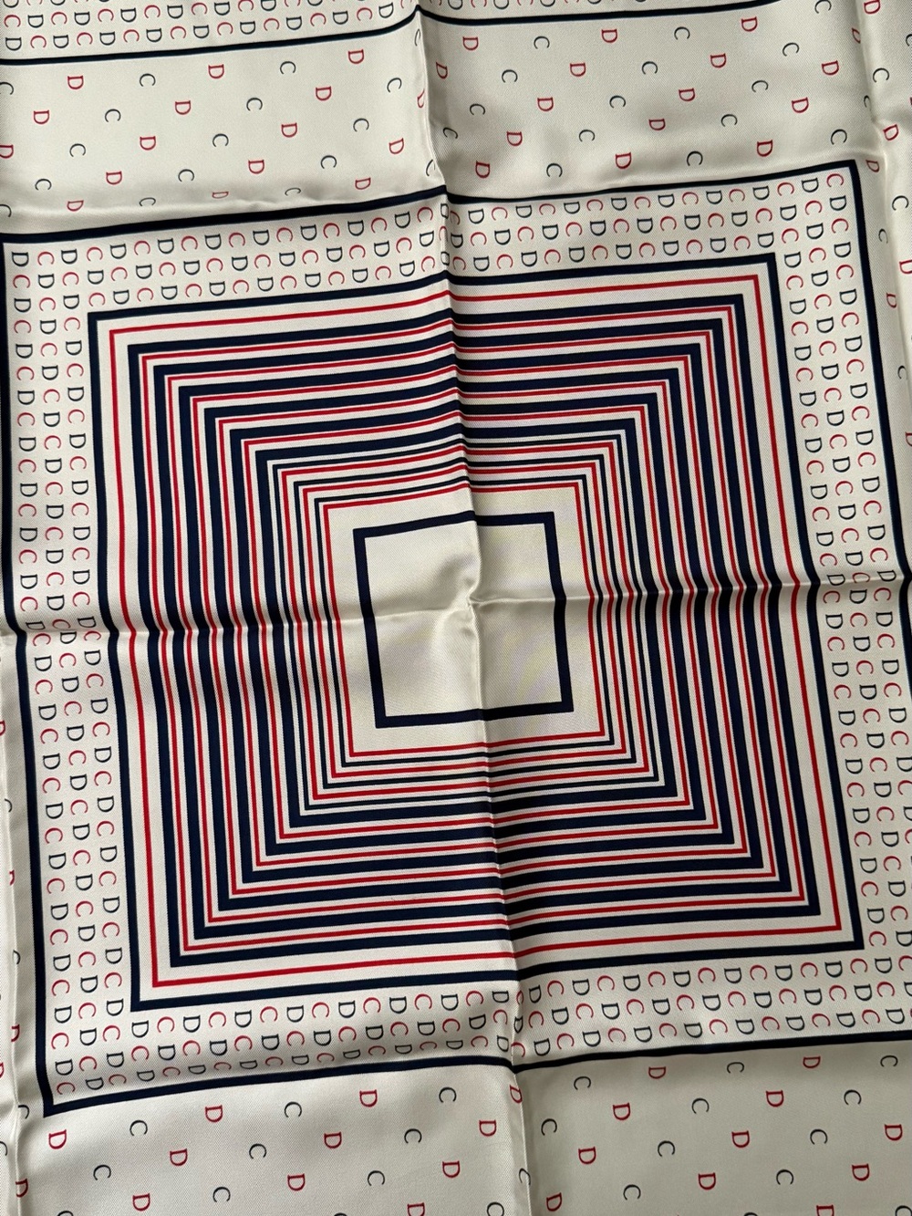 Christian Dior ✨ Ivory Patterned Square Scarf with Navy & Red Border - Picture 3 of 4